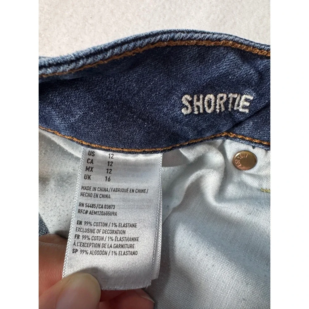 Boho American Eagle Women 12 Shortie Shorts Dark Wash Super Stretch Raw Hem